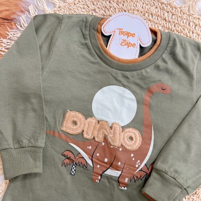 Conj. Blusa Manga Longa Dino e Calça de Moletom - Verde Musgo e Marrom